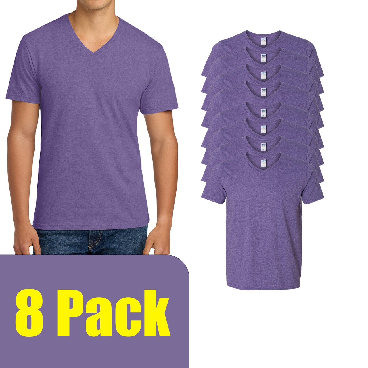 Gildan Men's Softstyle Short Sleeve V-Neck T-Shirt for DIY Projects & Printing, Heather Purple, S-5XL
